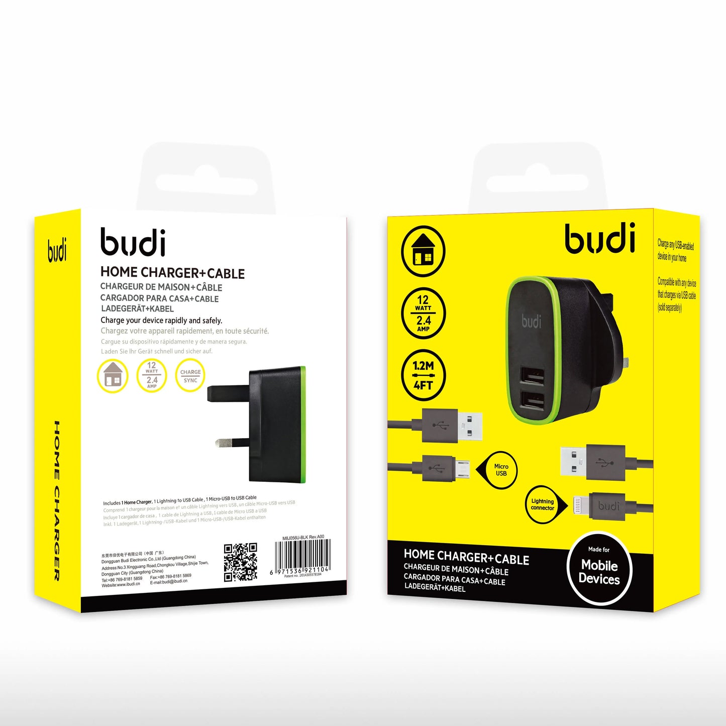 Budi Home Charger with Lightning & Micro USB Cable Black