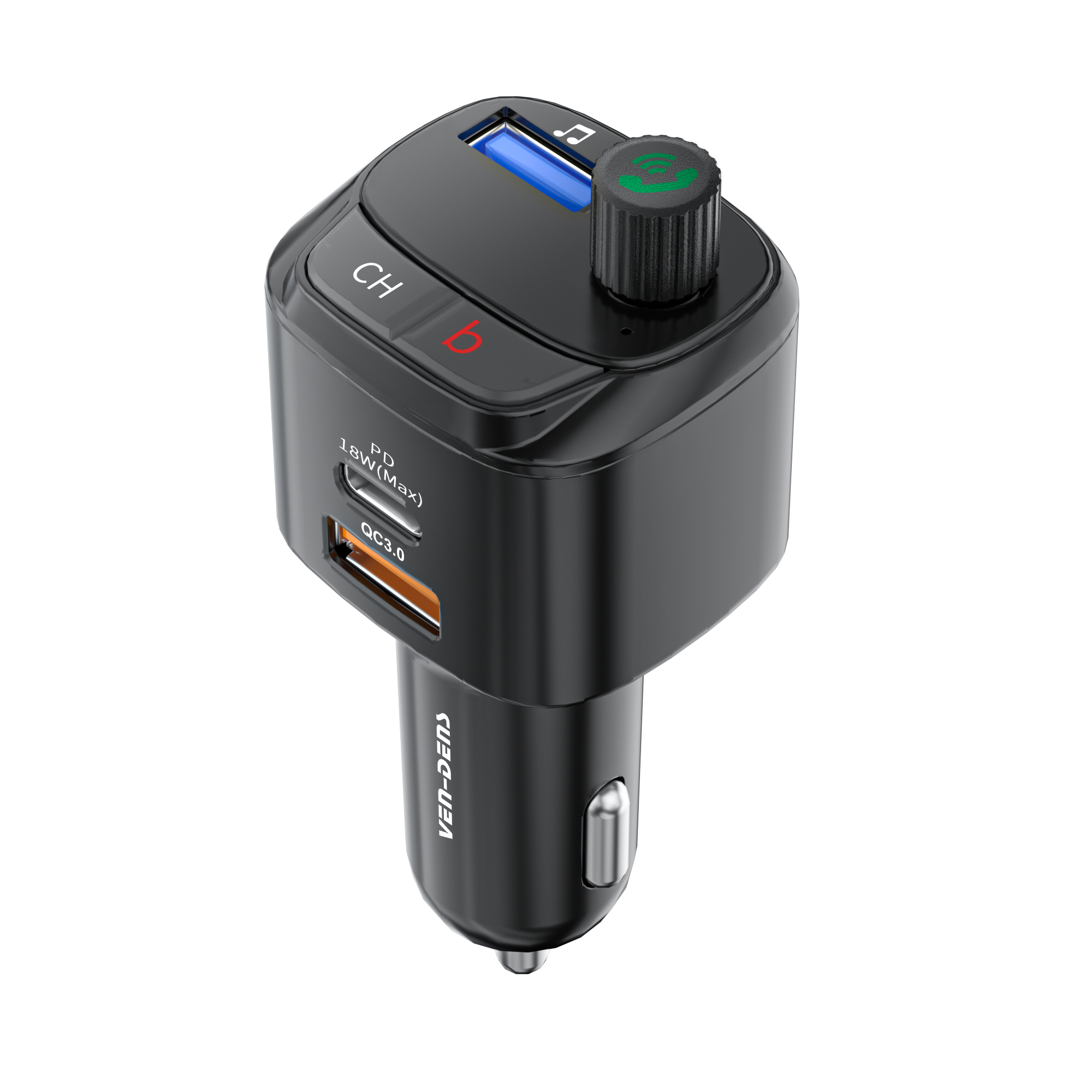 Ven-Dens USB+Type-C 2 Ports Charger Bluetooth 5.0 FM Transmitter for Car