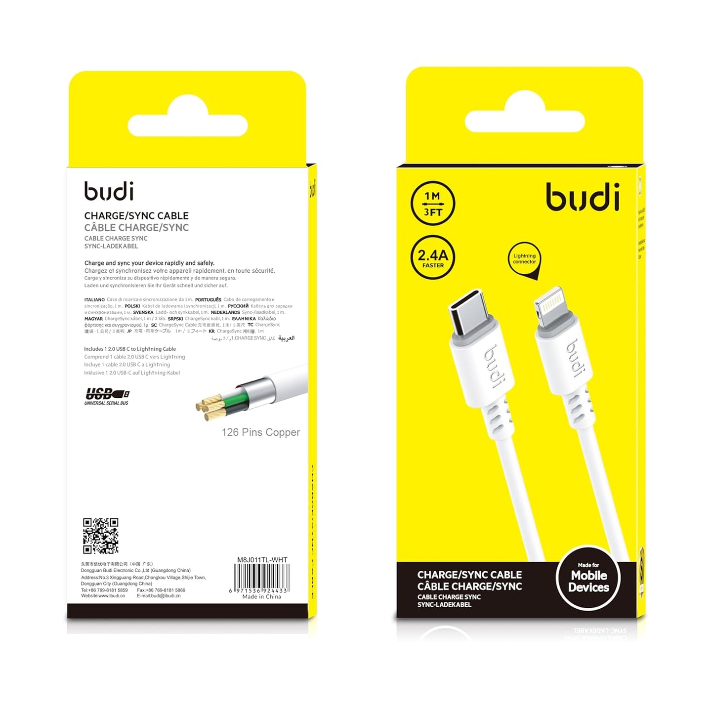 Budi DC011TL10W Type C to Lightning Cable 2.4A 1m