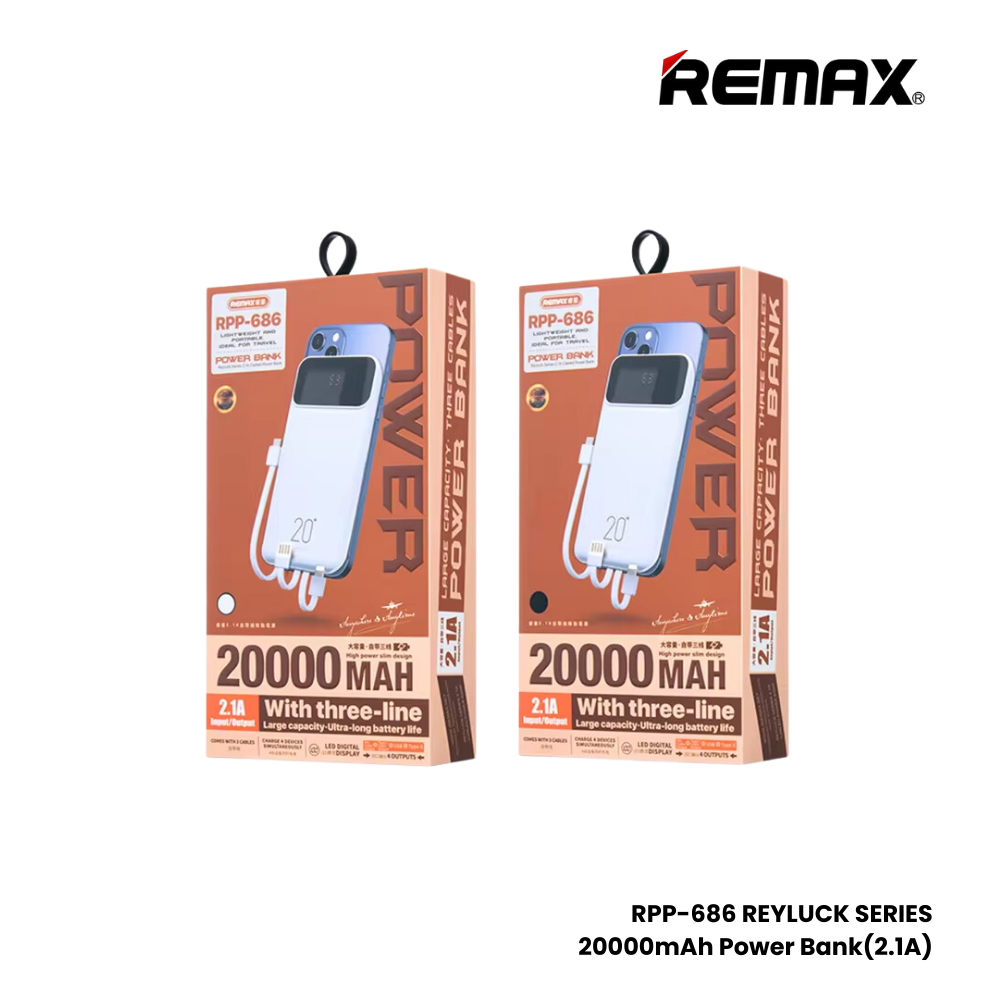Remax RPP-686 20000mah Fast Charge 22.5W LED Power Bank With Cables For iPhone/Type C/USB White