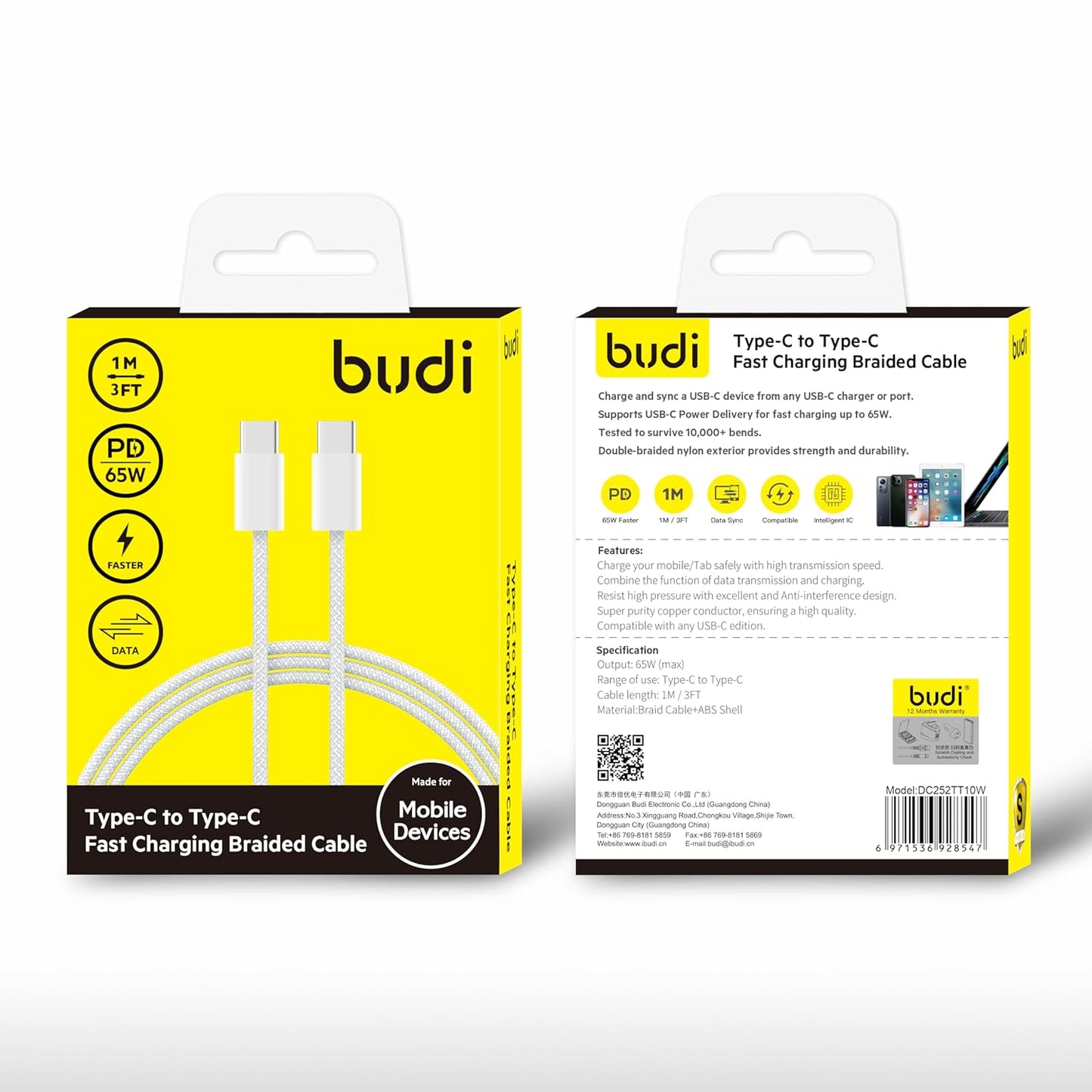 Budi Type-C to Type-C Fast Charging Braided Cable 1m