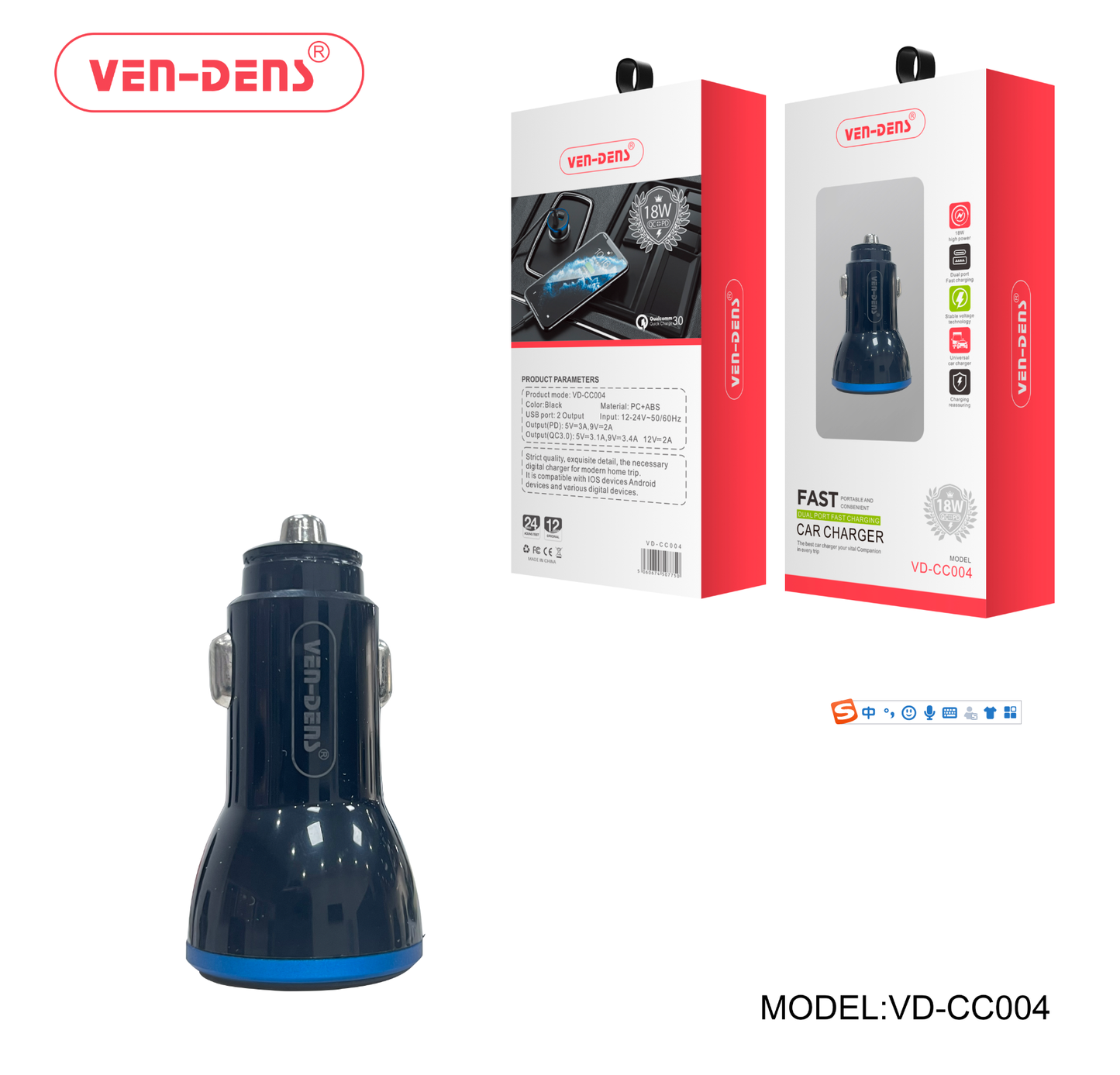 Ven-Dens VD-CC004 Car Charger Type C Dual Port