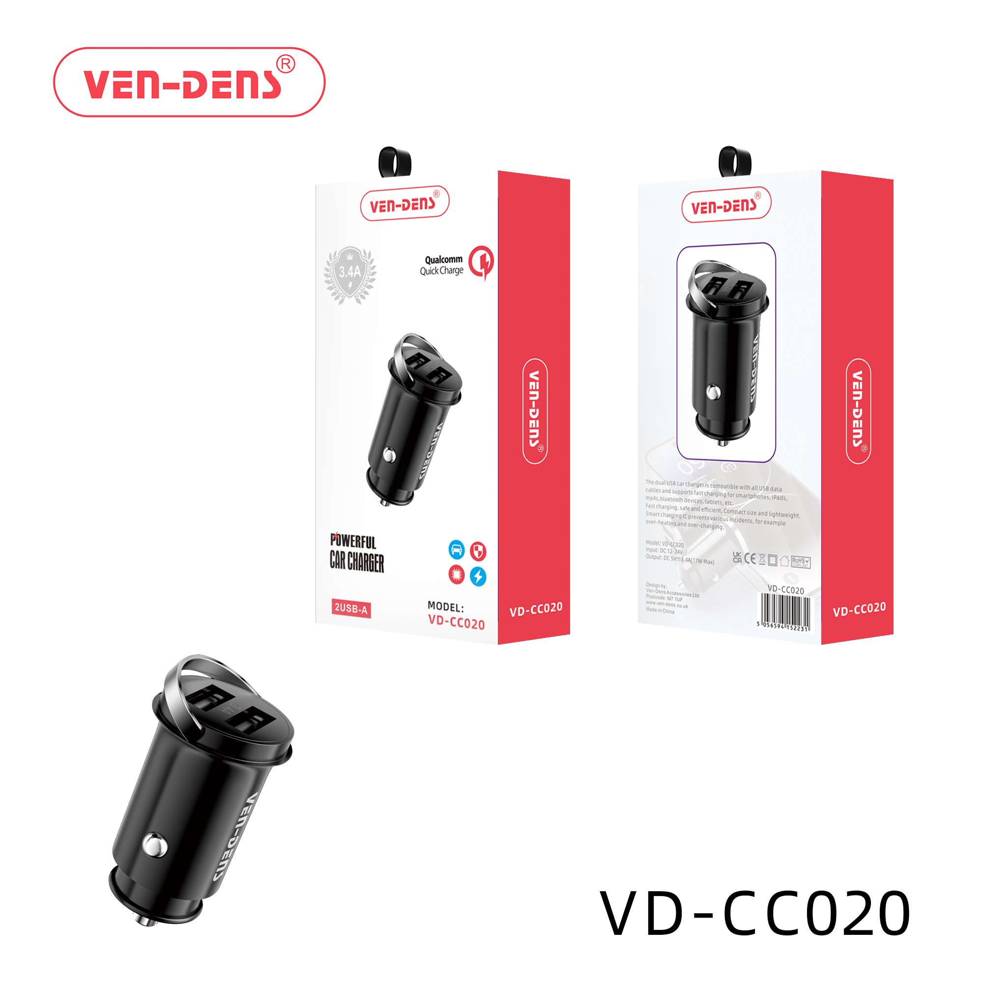 Ven-Dens VD-CC020 3.4A Dual USB Quick Charge Car Charger