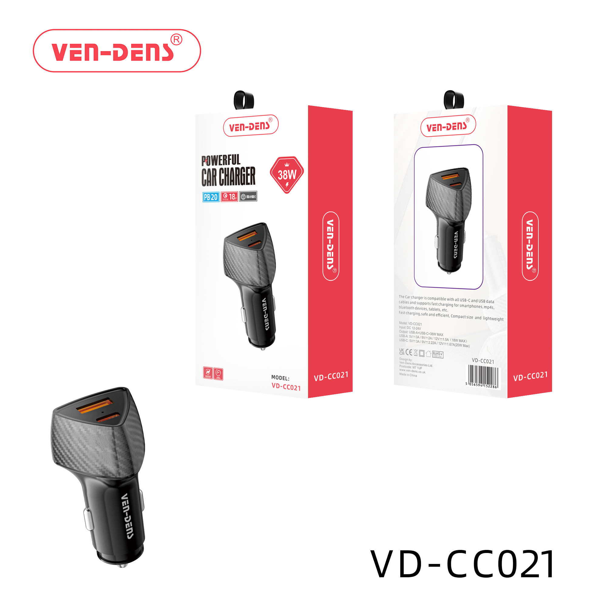 Ven-Dens VD-CC021 38w Dual Port Car Charger