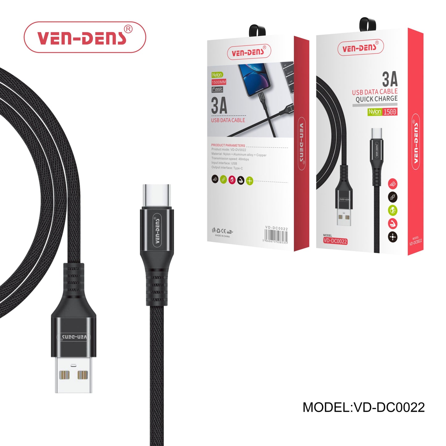 Ven-Dens VD-DC0022 USB to Type C Charging Cable 3A Nylon Cable Black 1.5M