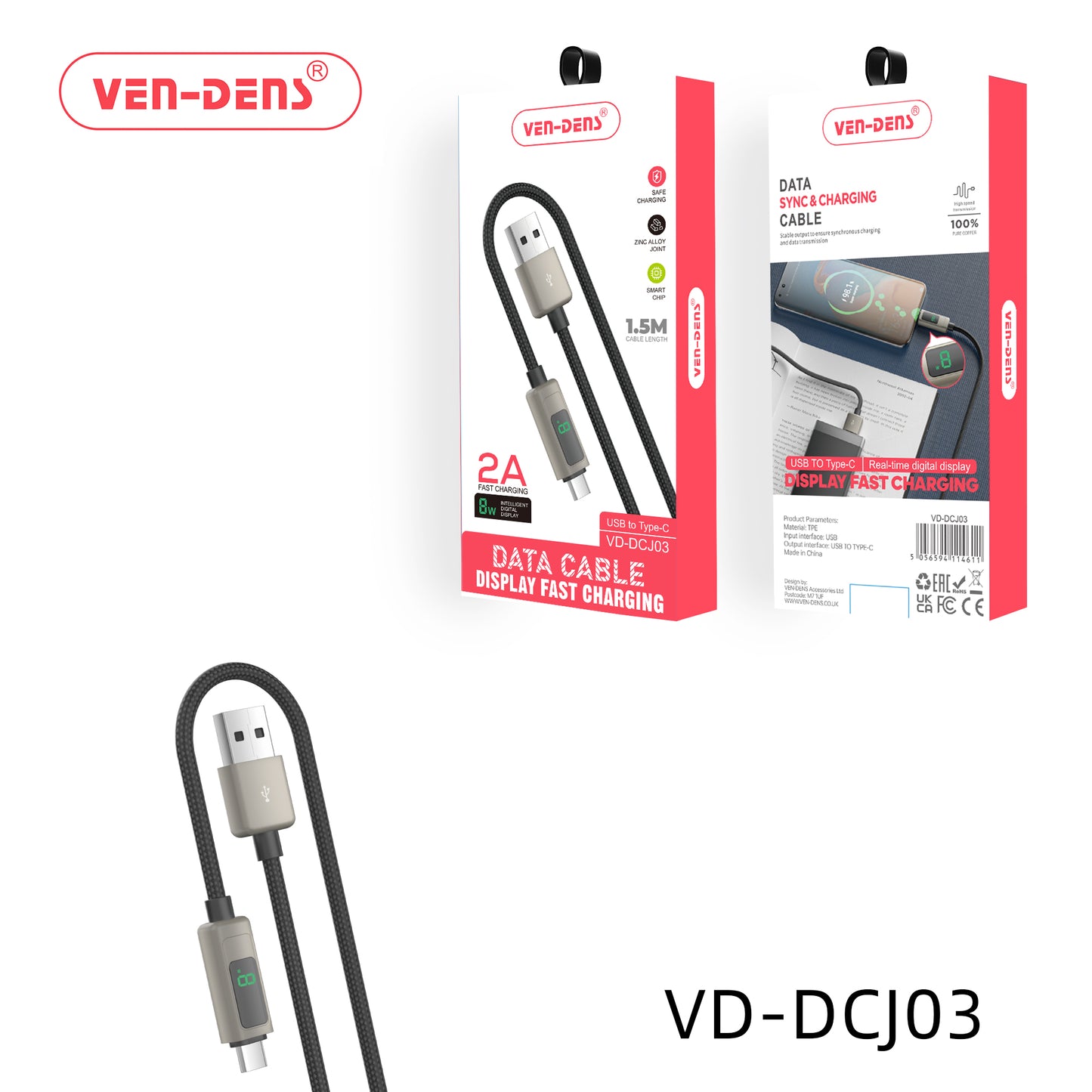 Ven-Dens VD-DCJ03 Display Fast Charging Data Sync & Fast Charging Cable USB A To TYPE C Cable