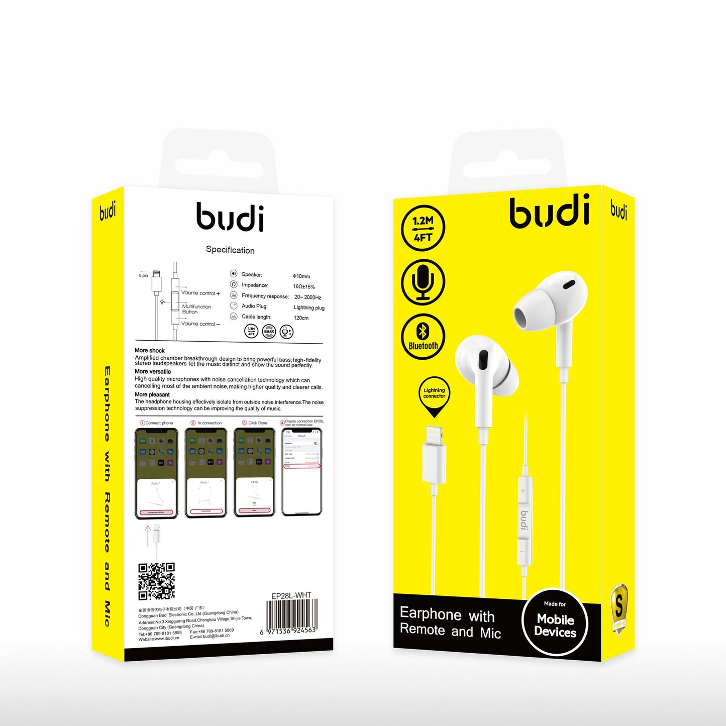 Budi Lightening Connector Earphones 1.2M With Remote Volume Controls & Mic For iPhones White