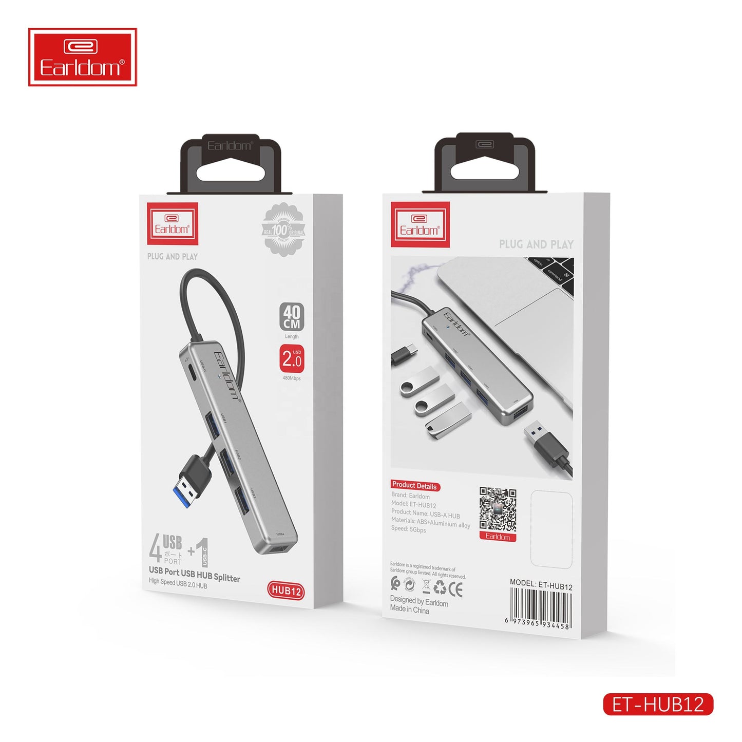 Earldom HUB12 USB Hub With 4 Port and Type C Port Splitter