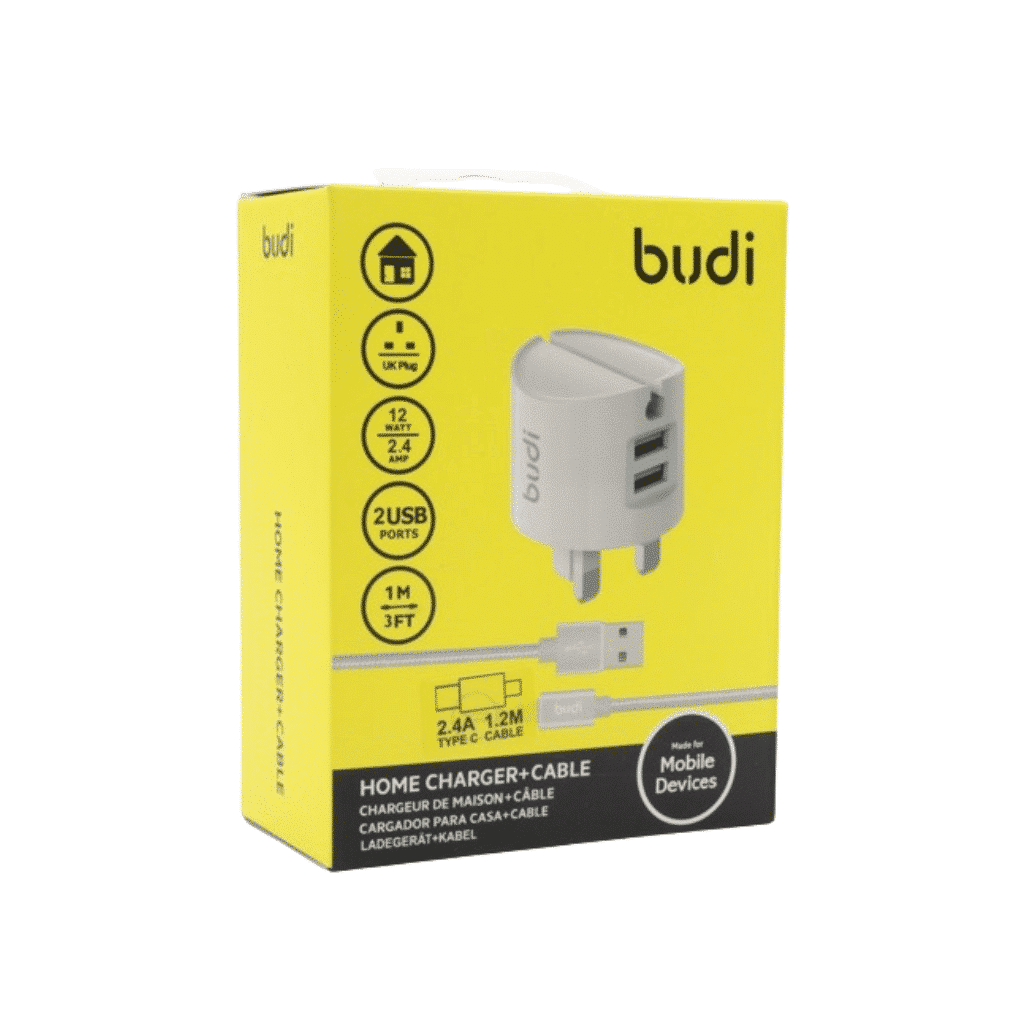 Budi AC322UW 24 WATT Home Charger With Lightning Cable 2 USB Ports 1m