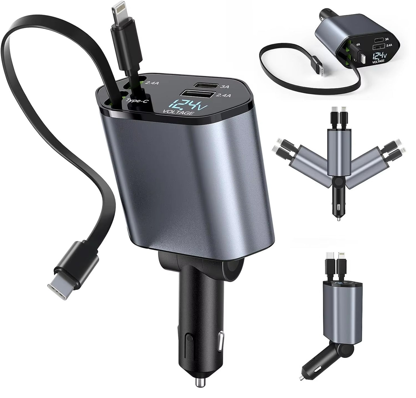 Retractable Car Charger 120W Fast Charger 4-in-1