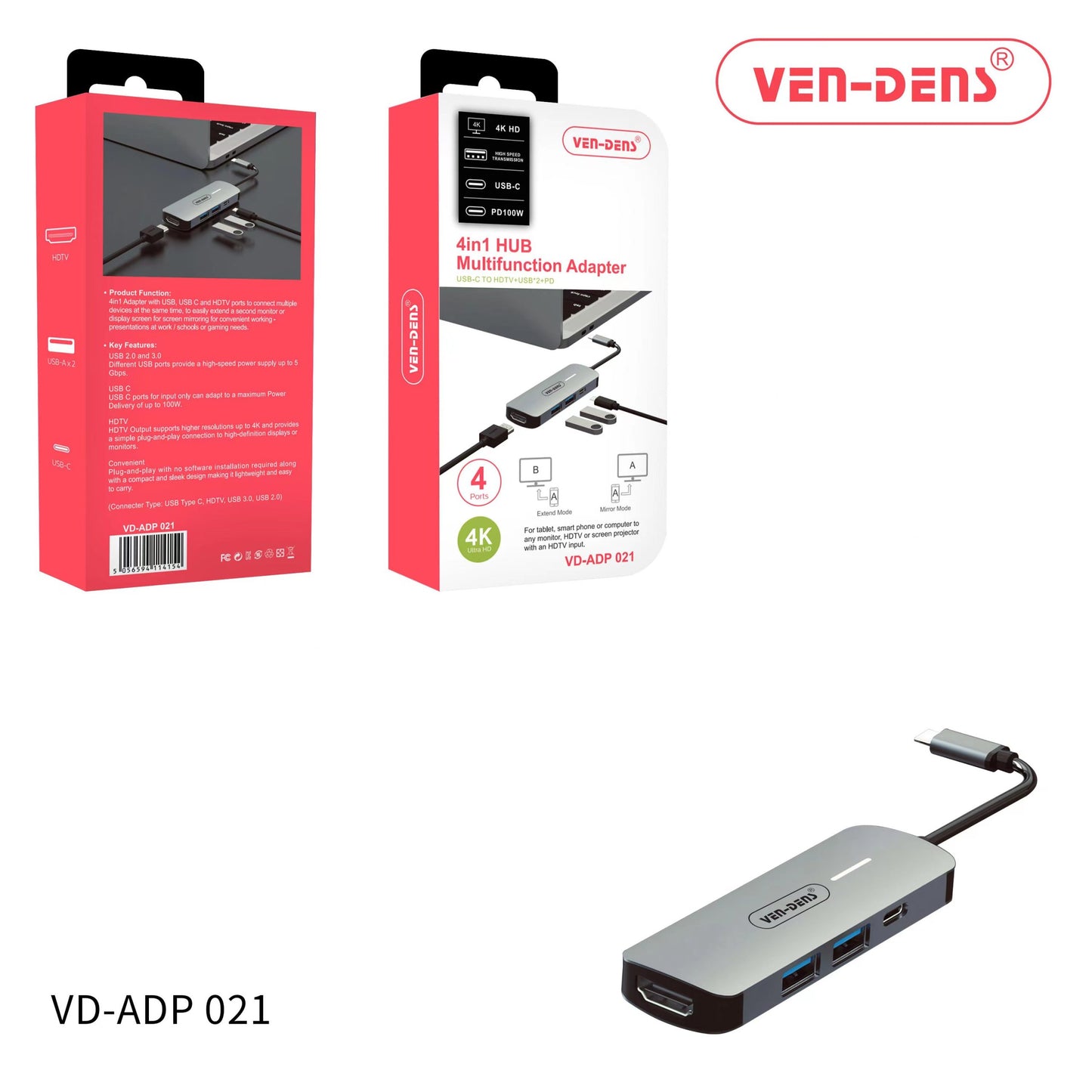Ven-Dens VD-ADP021 4 IN 1 HUB Multifunction Adapter
