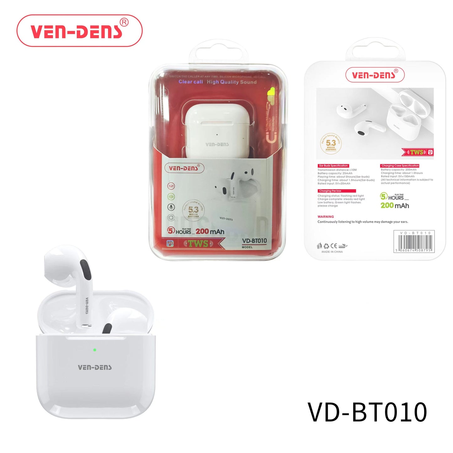 Ven-Dens VD-BT010 TWS HD Sound Wireless Bluetooth Earbuds With Charging Case