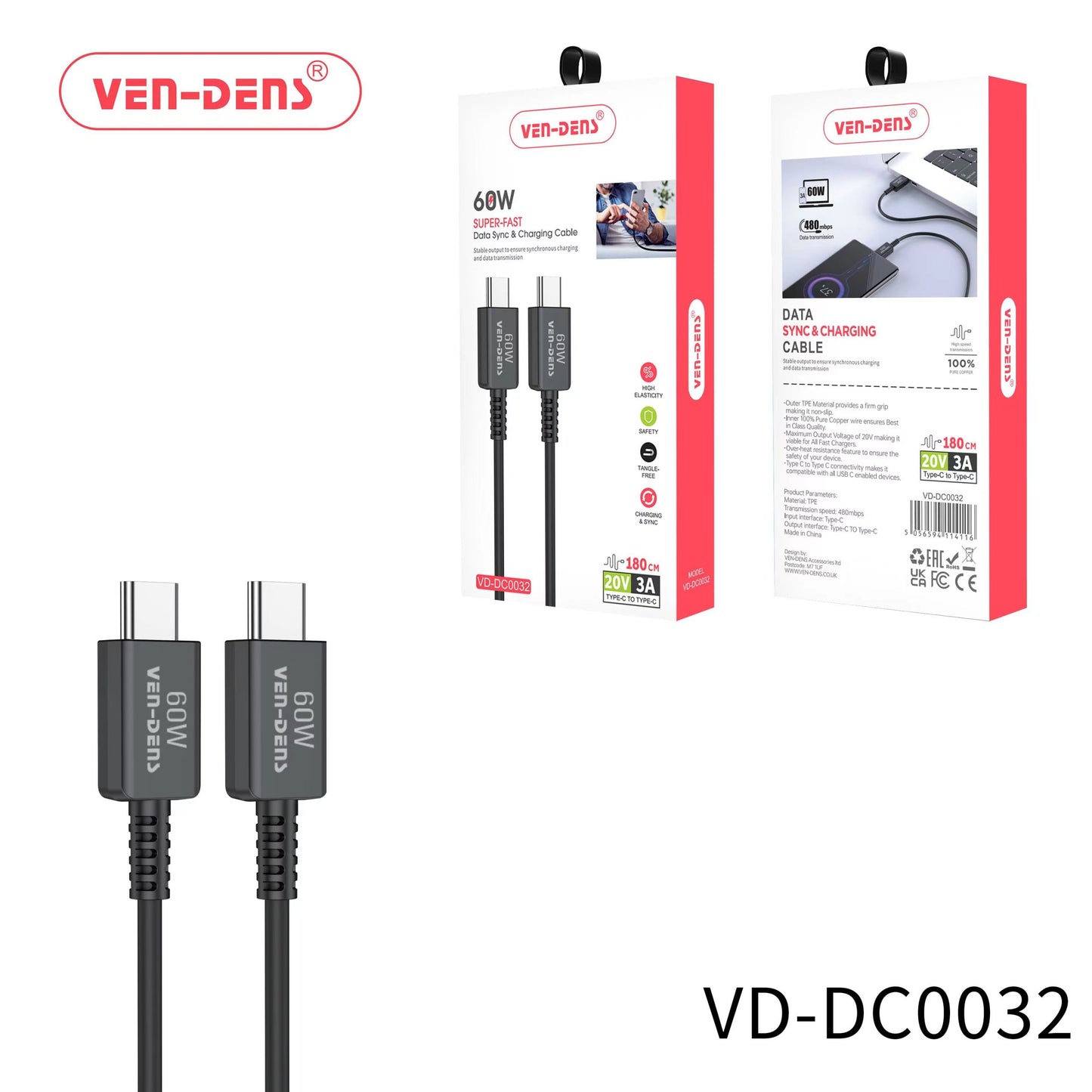 Ven-Dens VD-DC0032 Type C To Type C Charging Cable 60W Black 1.8M