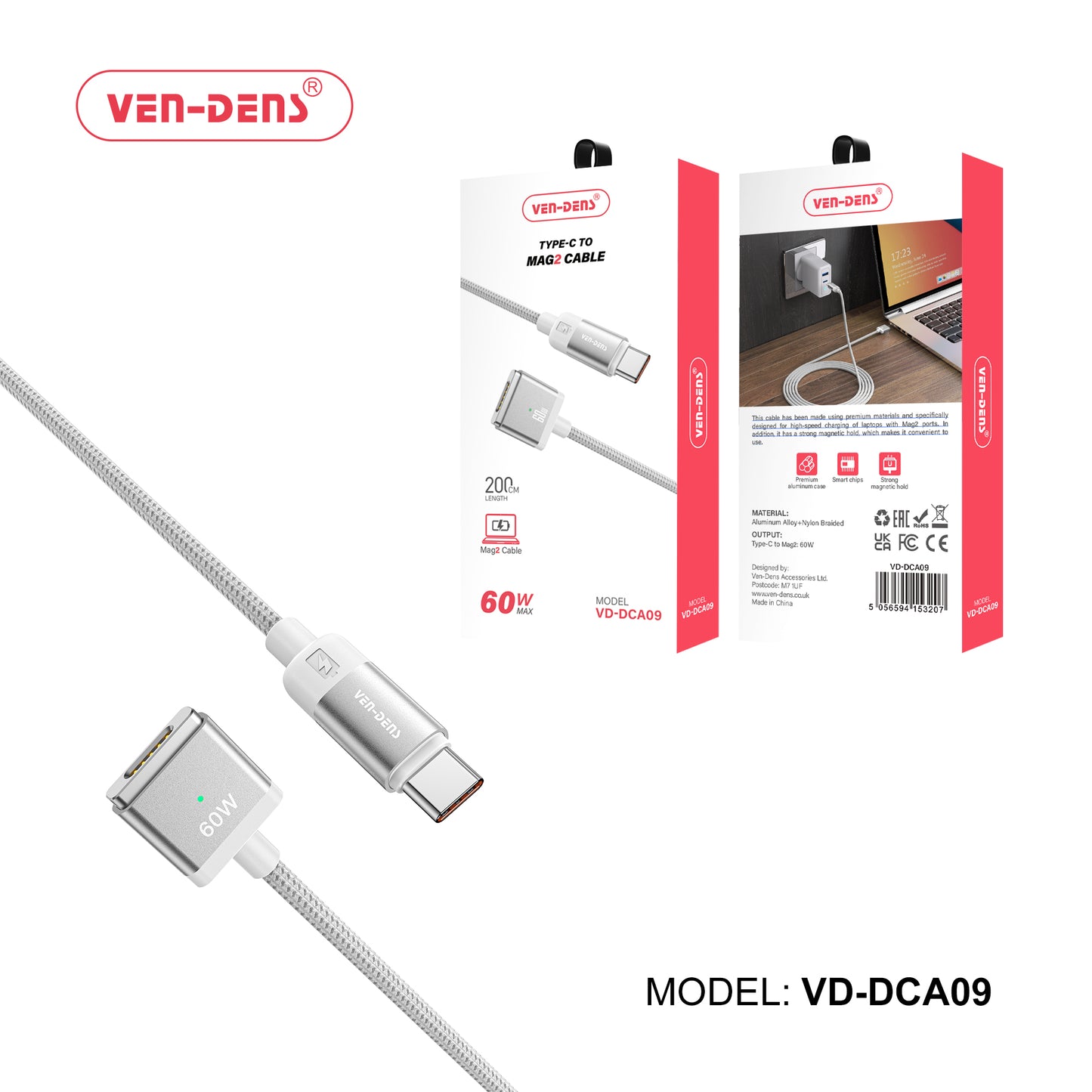 Ven-Dens VD-DCA09 Type-C to MAG2 High Speed 60W 2M Charger Cable