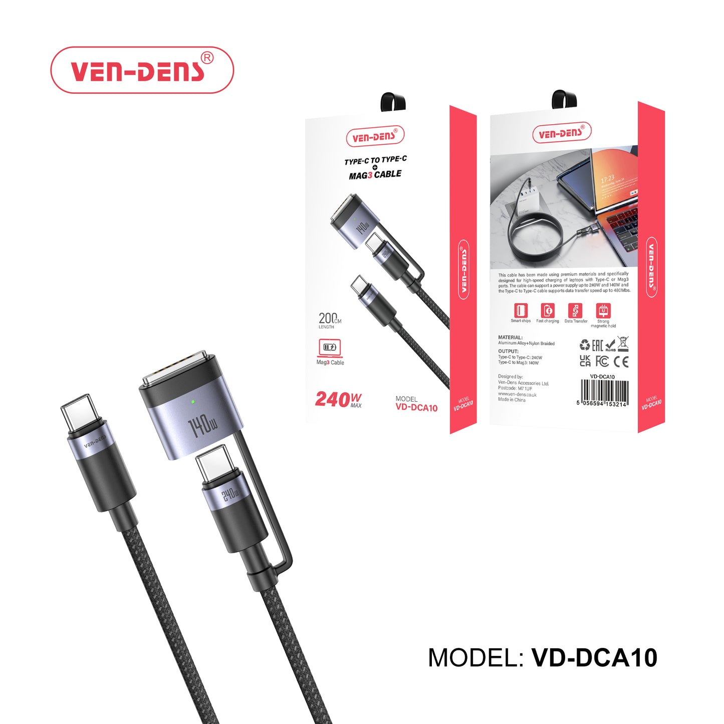 Ven-Dens VD-DCA10 2M Type-C to Type-C + MAG3 Charger Cable