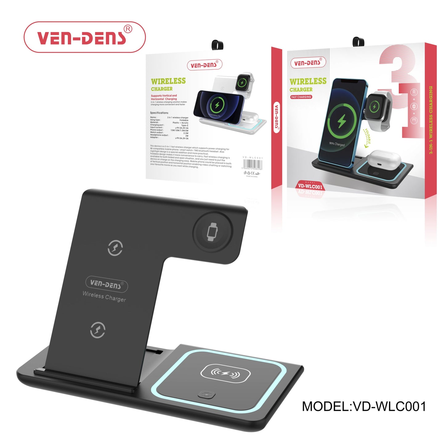 Ven-Dens VD-WLC001 3 in 1 Wireless Charger
