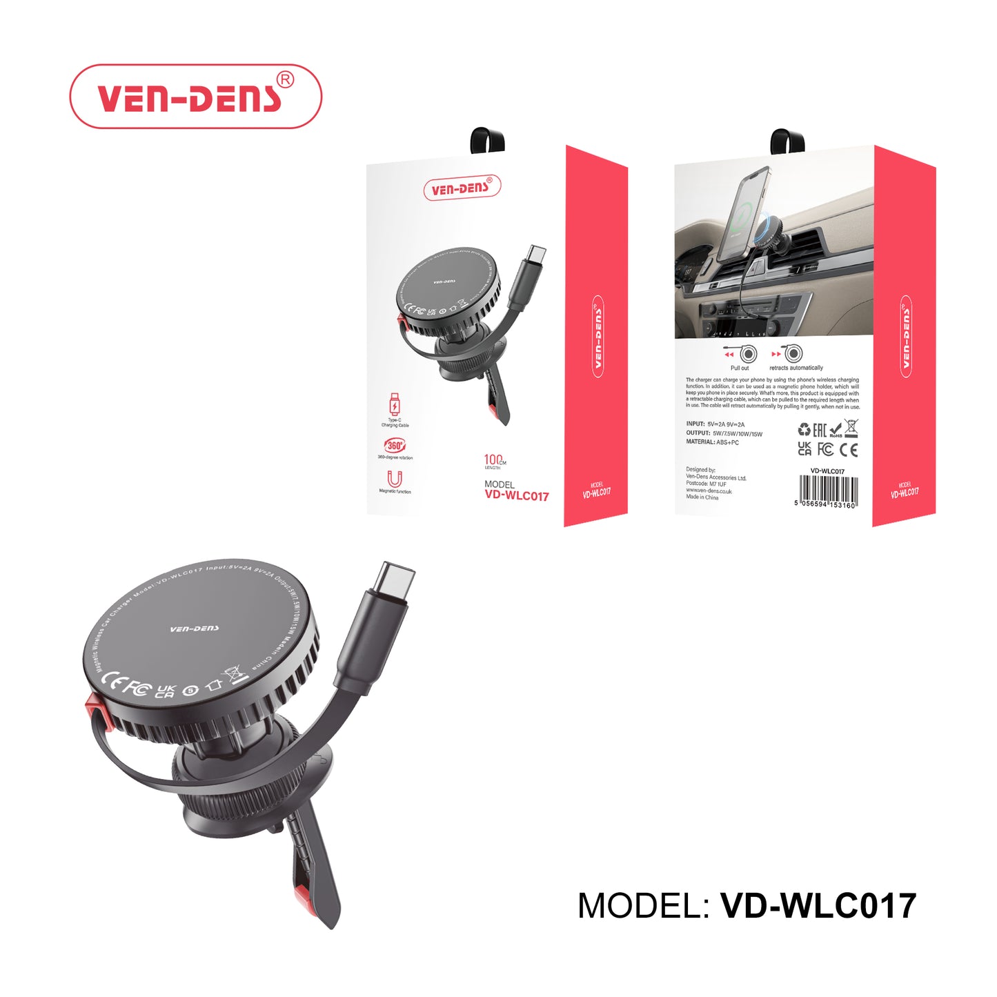 Ven-Dens WLC017 360 Rotation Magnetic Function Wireless Car Charger With Type-C Cable