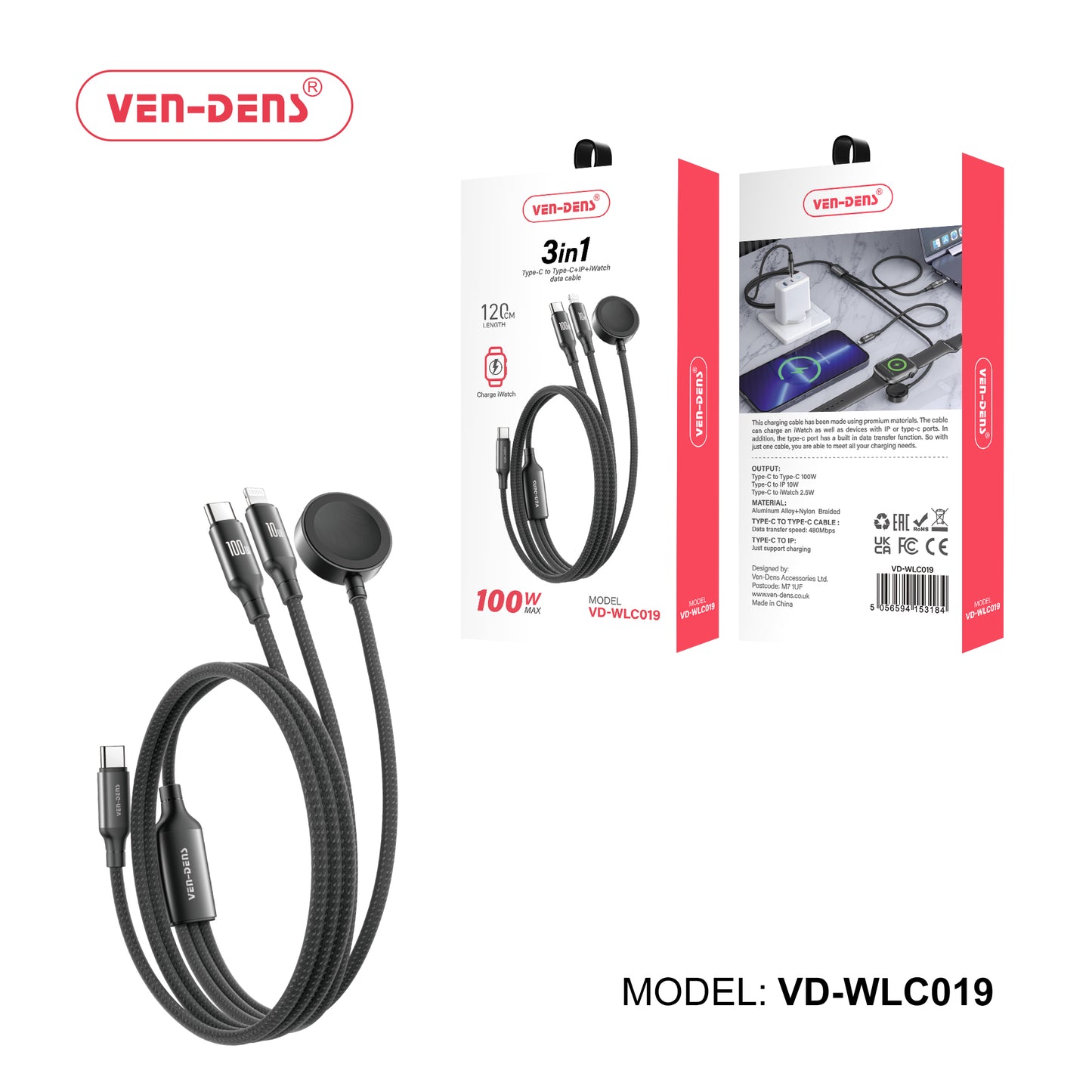 Ven-Des VD-WLC019 3in1 Type-C To Type-C, iWatch & iPhone Data Cable