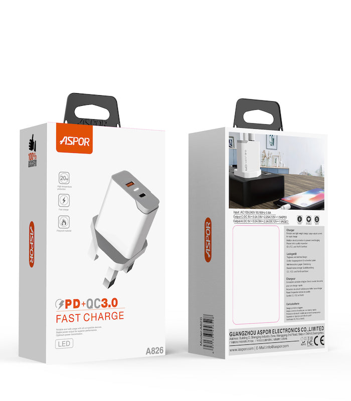 Aspor A826 Type C PD and USB 20W Charger