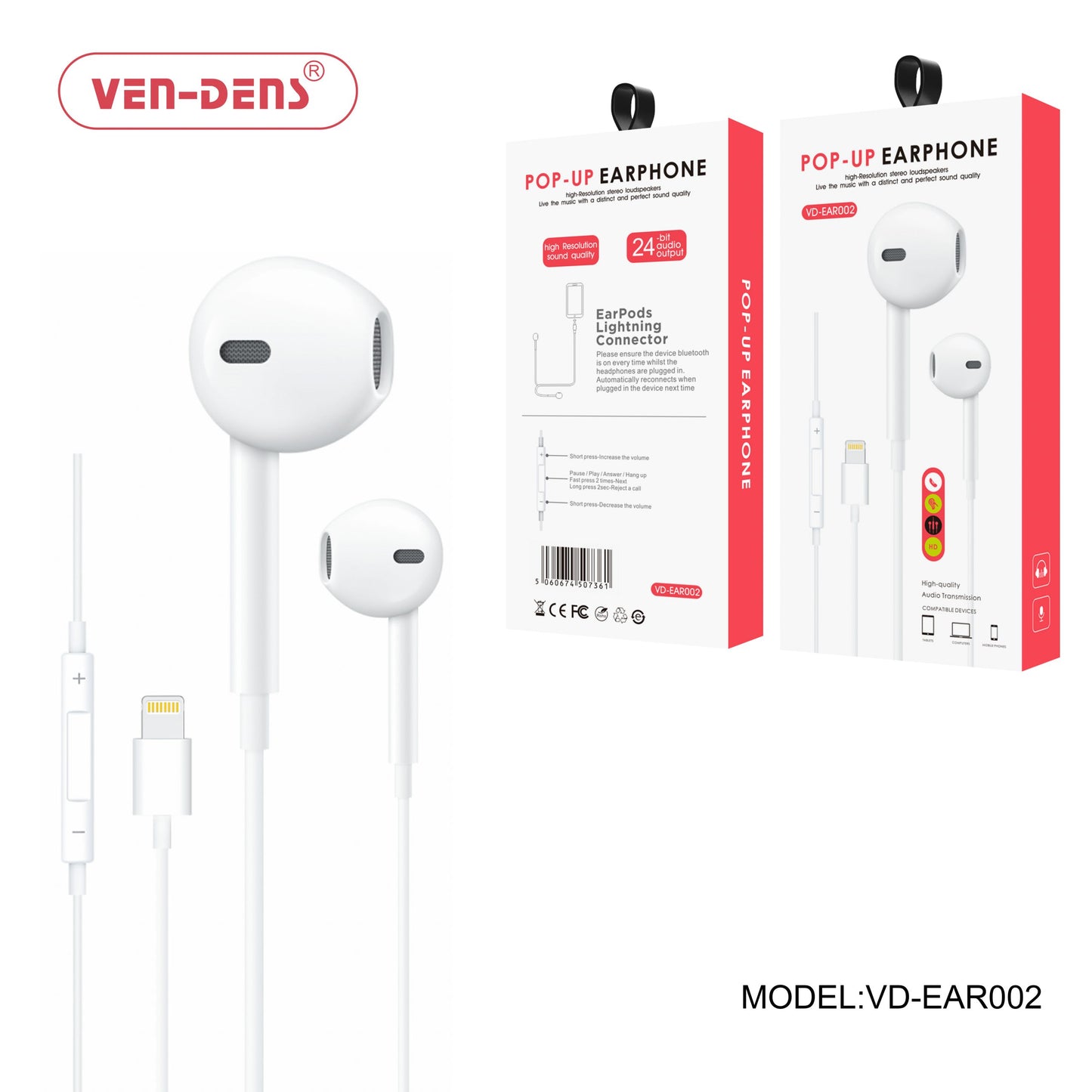 Ven-Dens VD-EAR002 Pop Up Lightning Earphones