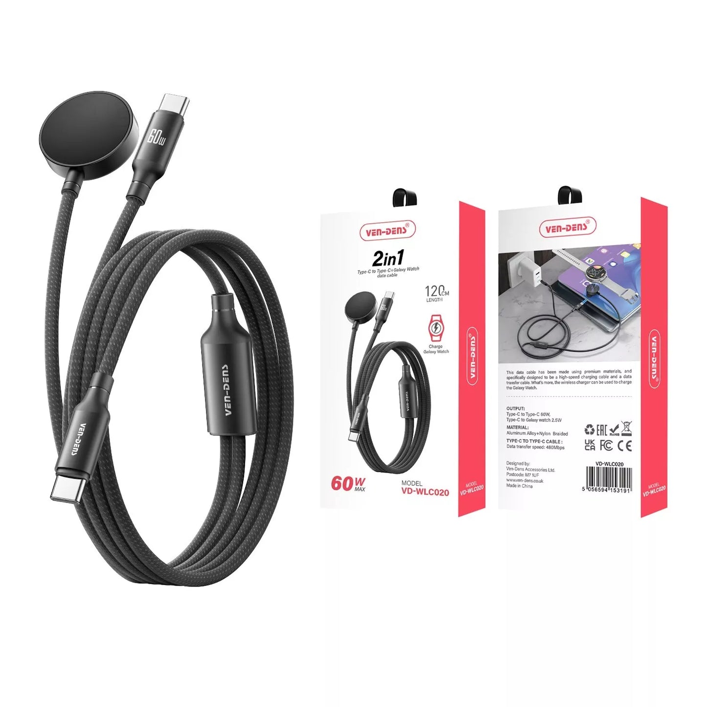 Ven-Dens WD-WLC020 2-in-1 60W Fast Charger USB-C to USB-C And Galaxy Watch Charging Cable