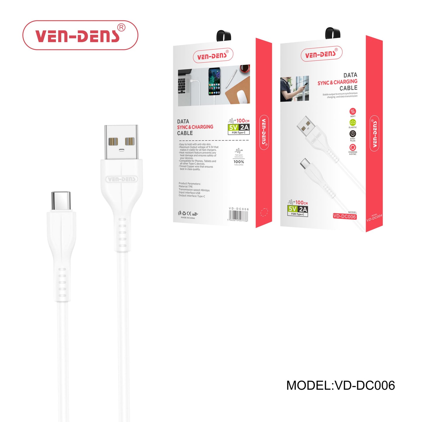 Ven-Dens VD-DC006 USB to Type C Charging Cable 2A White 1m
