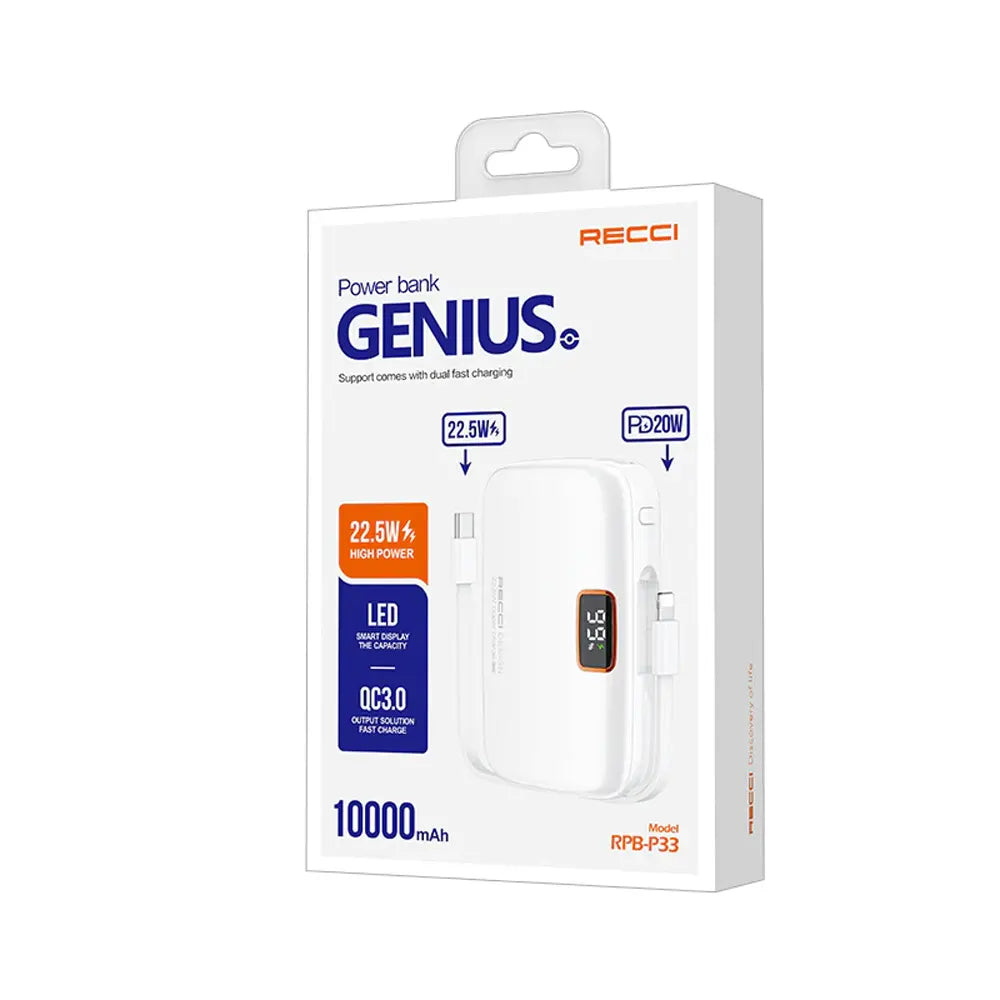 Recci RPB-P33 10000mAh Power Bank With Cables For iPhone/Type C